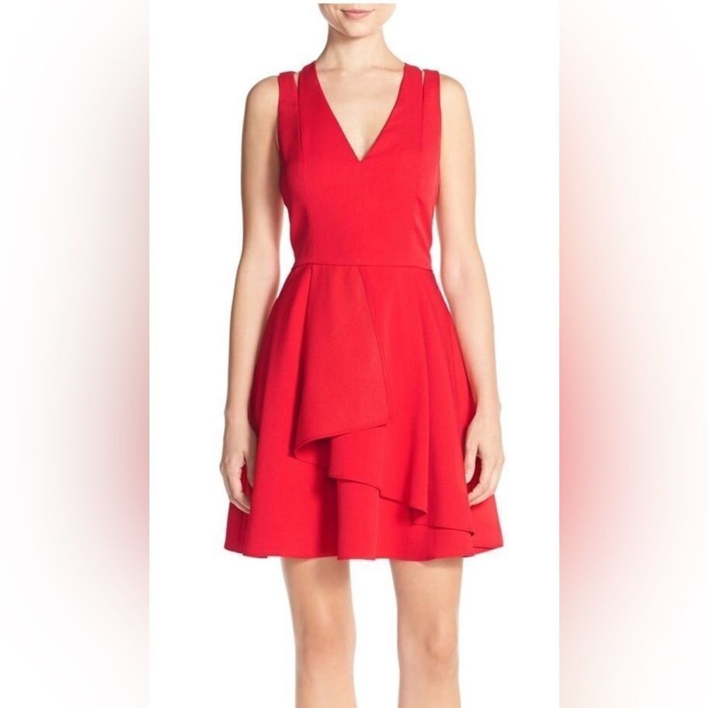 Adelyn Rae Asymmetrical Crepe Fit & Flare V-Neck Mini Dress In Red Size Medium